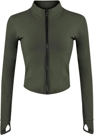 Women's Full Zip Running Yoga Slim Fit Cropped Bbl Athletic Jacket Workout Sportwear With Thumb Holes