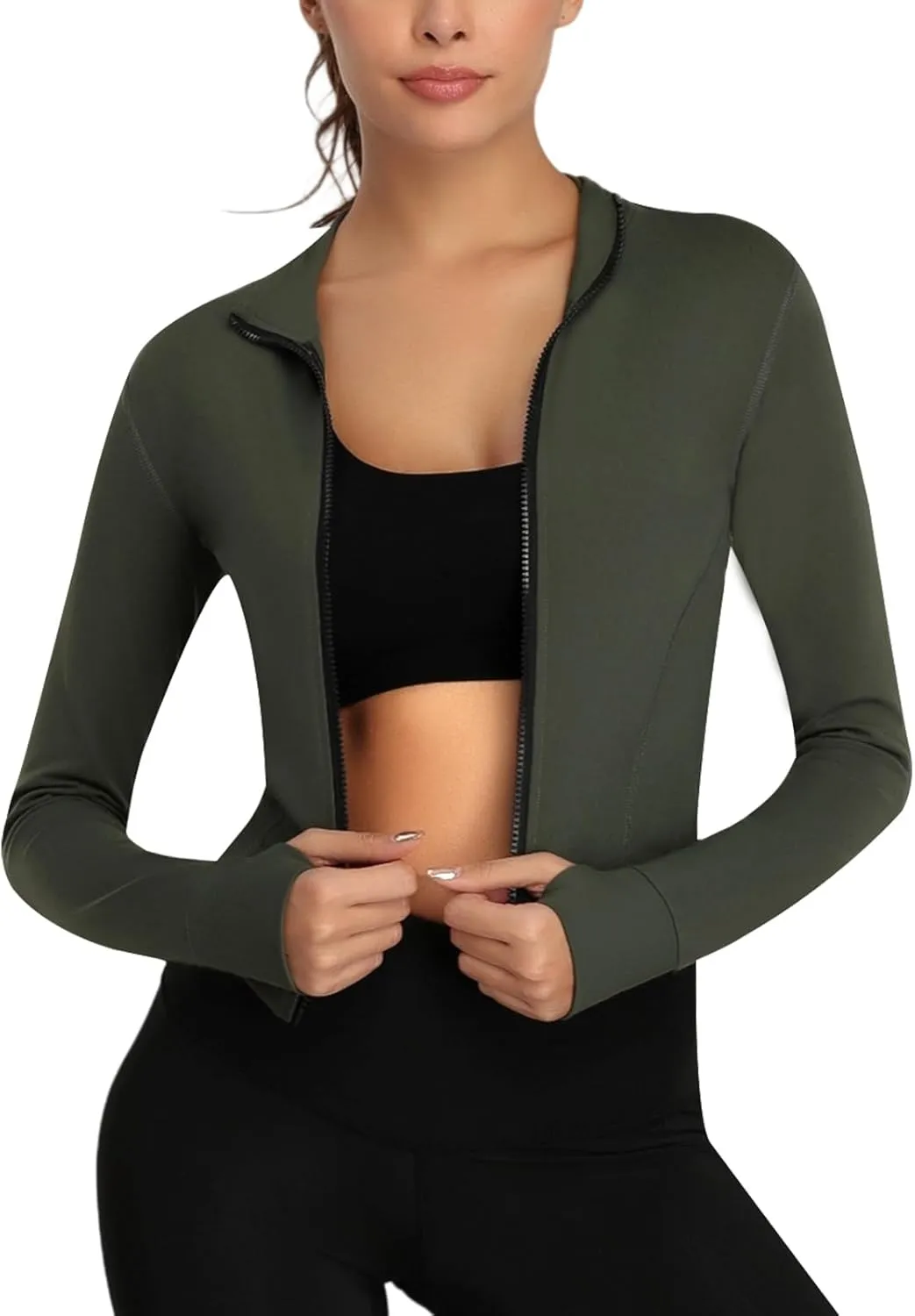 Women's Full Zip Running Yoga Slim Fit Cropped Bbl Athletic Jacket Workout Sportwear With Thumb Holes