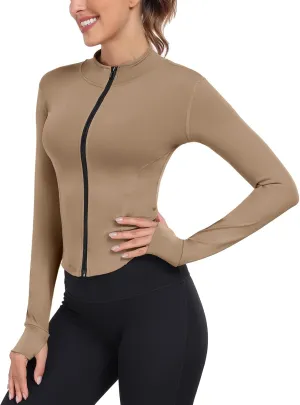 Women's Full Zip Running Yoga Slim Fit Cropped Bbl Athletic Jacket Workout Sportwear With Thumb Holes