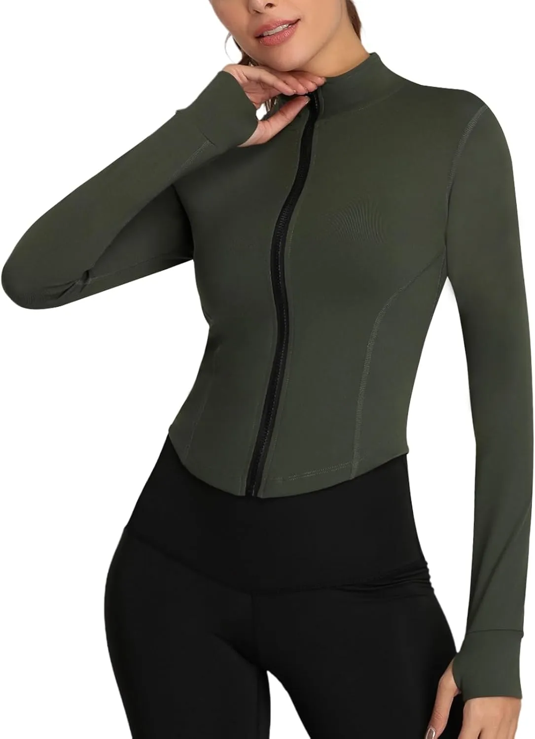 Women's Full Zip Running Yoga Slim Fit Cropped Bbl Athletic Jacket Workout Sportwear With Thumb Holes