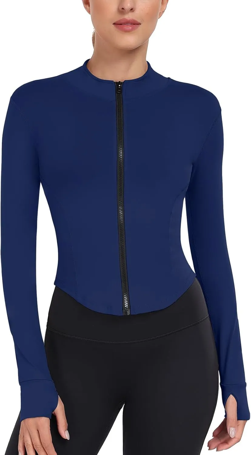 Women's Full Zip Running Yoga Slim Fit Cropped Bbl Athletic Jacket Workout Sportwear With Thumb Holes