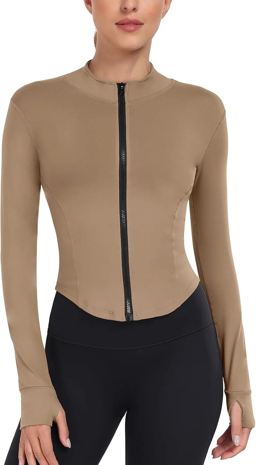 Women's Full Zip Running Yoga Slim Fit Cropped Bbl Athletic Jacket Workout Sportwear With Thumb Holes