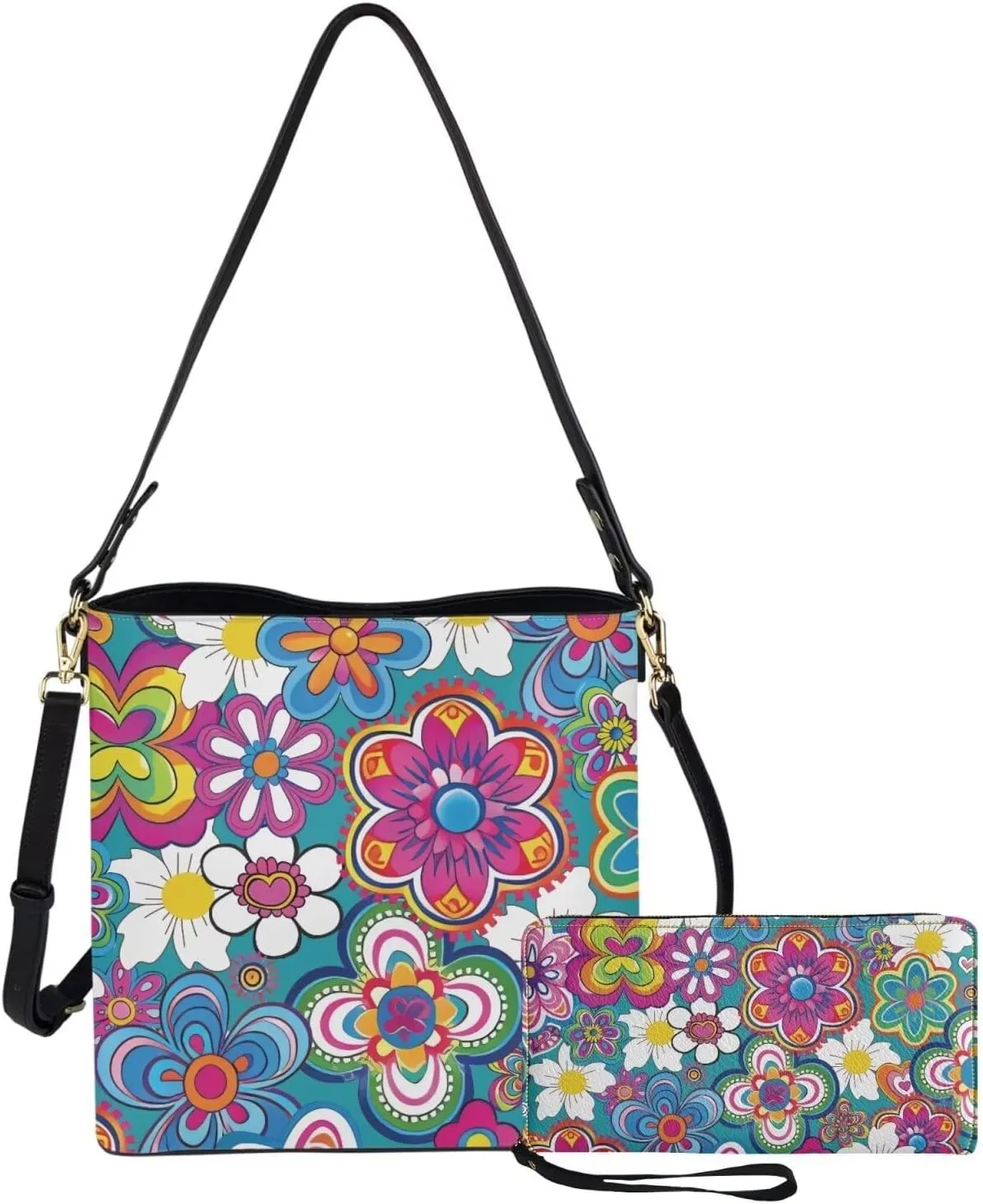 Women's Handbag Waterproof PU Tote Shoulder Bucket Bags with Wallet 2pc Set for Daily Use