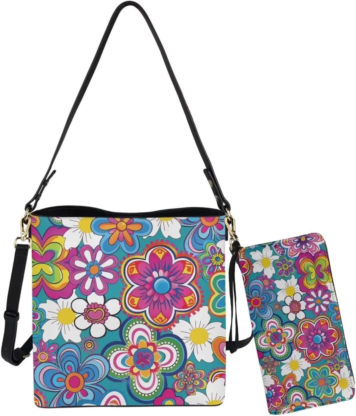 Women's Handbag Waterproof PU Tote Shoulder Bucket Bags with Wallet 2pc Set for Daily Use