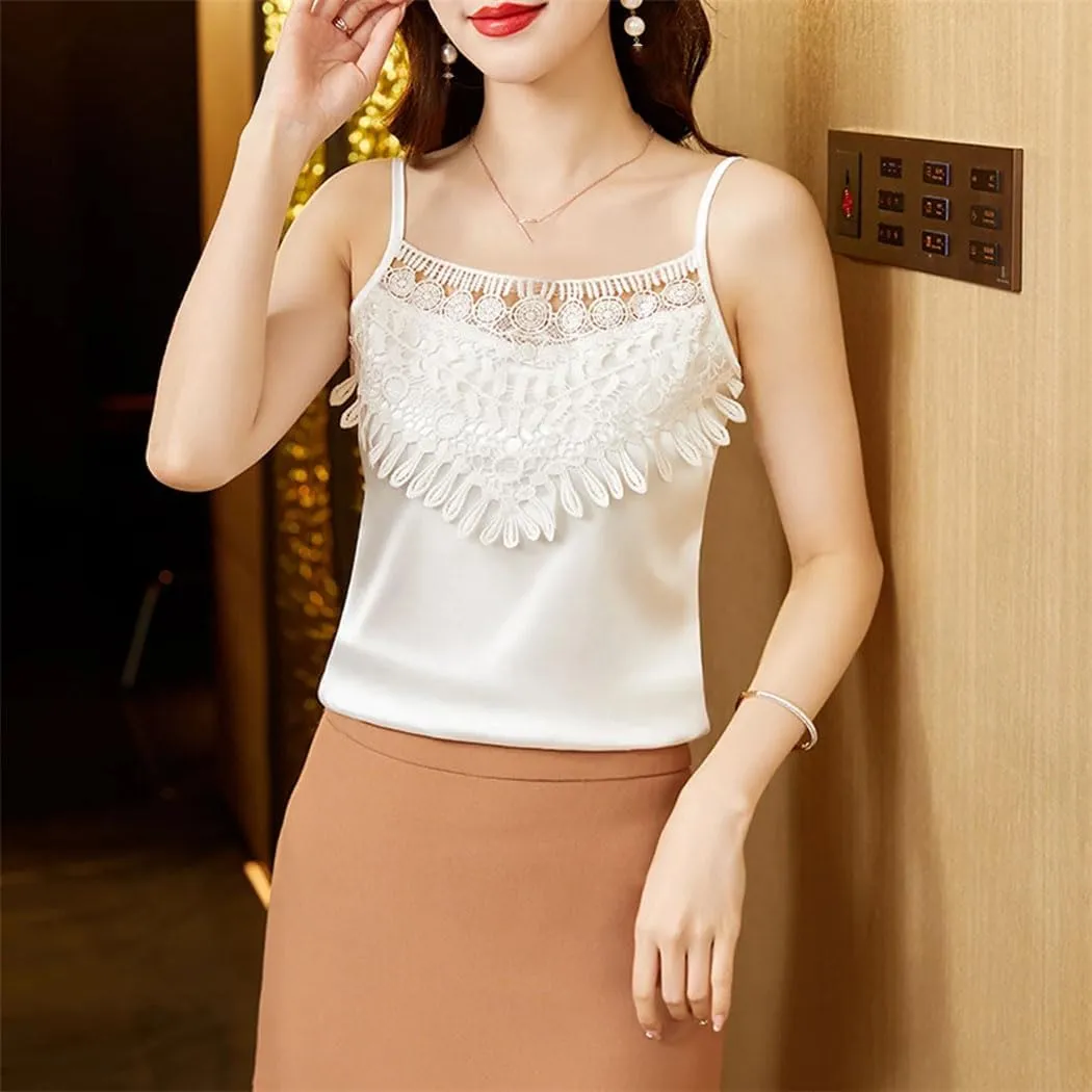 Women's Lace Embroidery Print Satin Tank Tops 2025 Summer Sexy Sleeveless Slim Camisole Vest