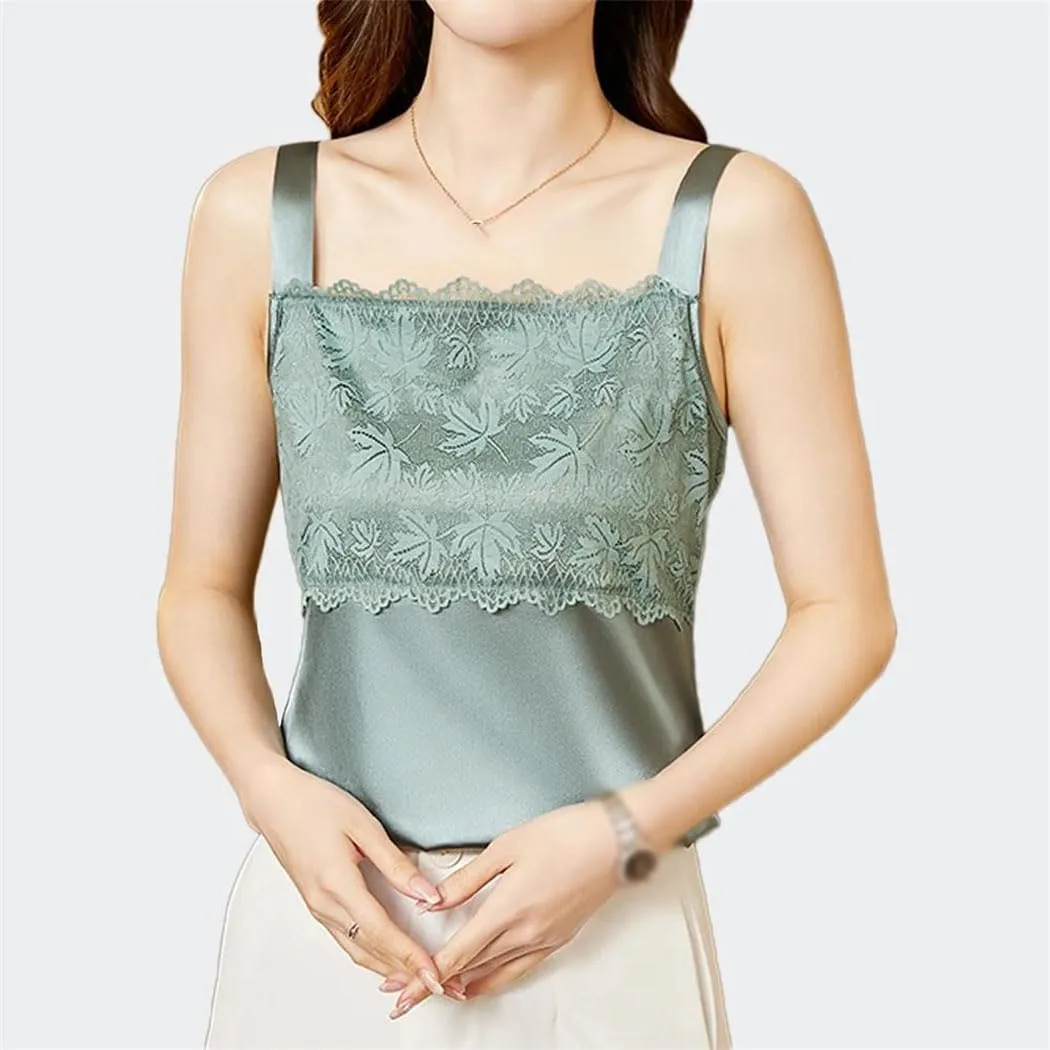 Women's Lace Embroidery Print Satin Tank Tops 2025 Summer Sexy Sleeveless Slim Camisole Vest