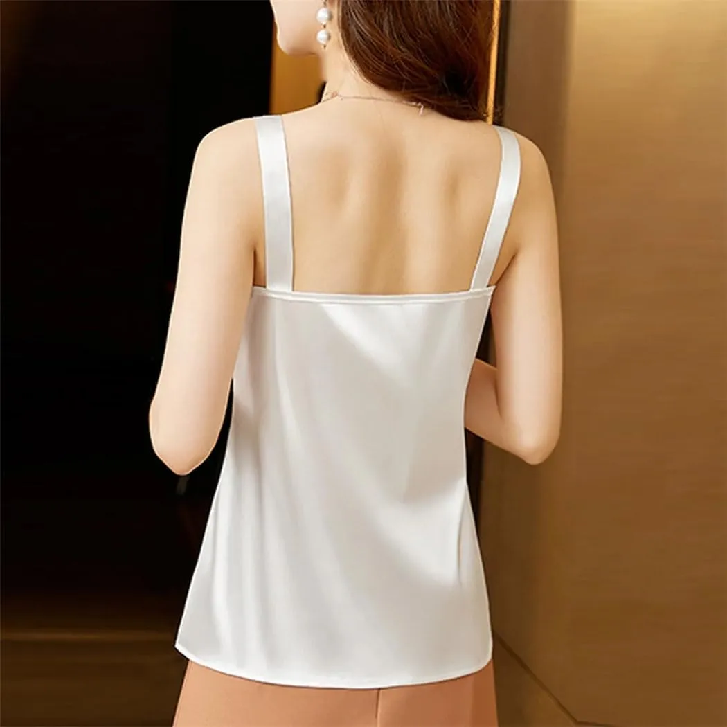 Women's Lace Embroidery Print Satin Tank Tops 2025 Summer Sexy Sleeveless Slim Camisole Vest