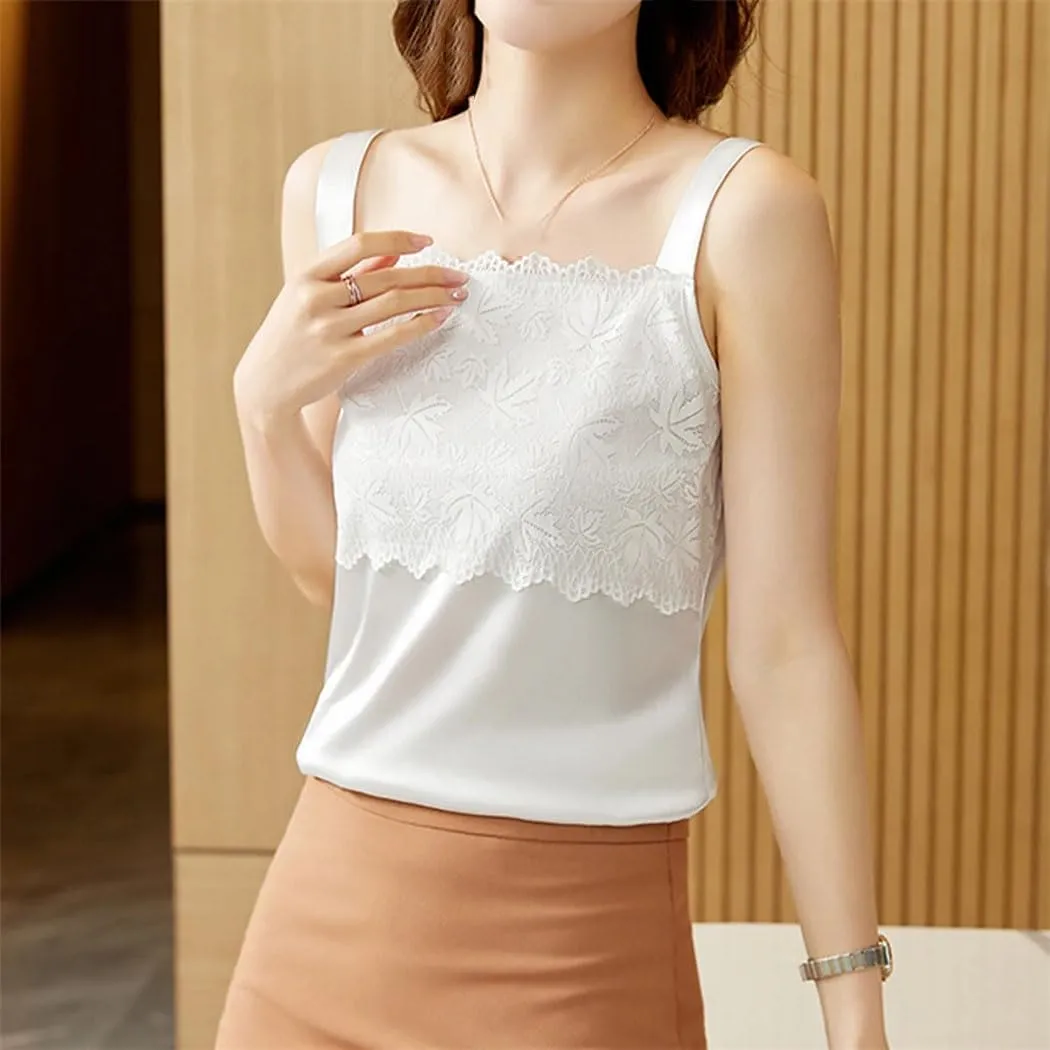 Women's Lace Embroidery Print Satin Tank Tops 2025 Summer Sexy Sleeveless Slim Camisole Vest