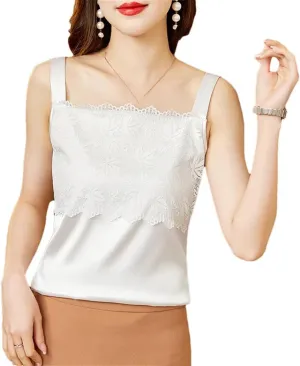 Women's Lace Embroidery Print Satin Tank Tops 2025 Summer Sexy Sleeveless Slim Camisole Vest