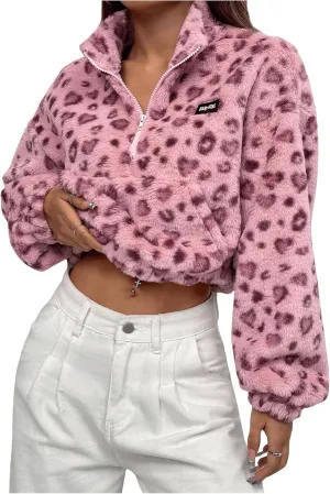 Women's Leopard Graphic Y2K Sweatshirt Fleece Half Zip Long Sleeve Pullover Tops with Pocket