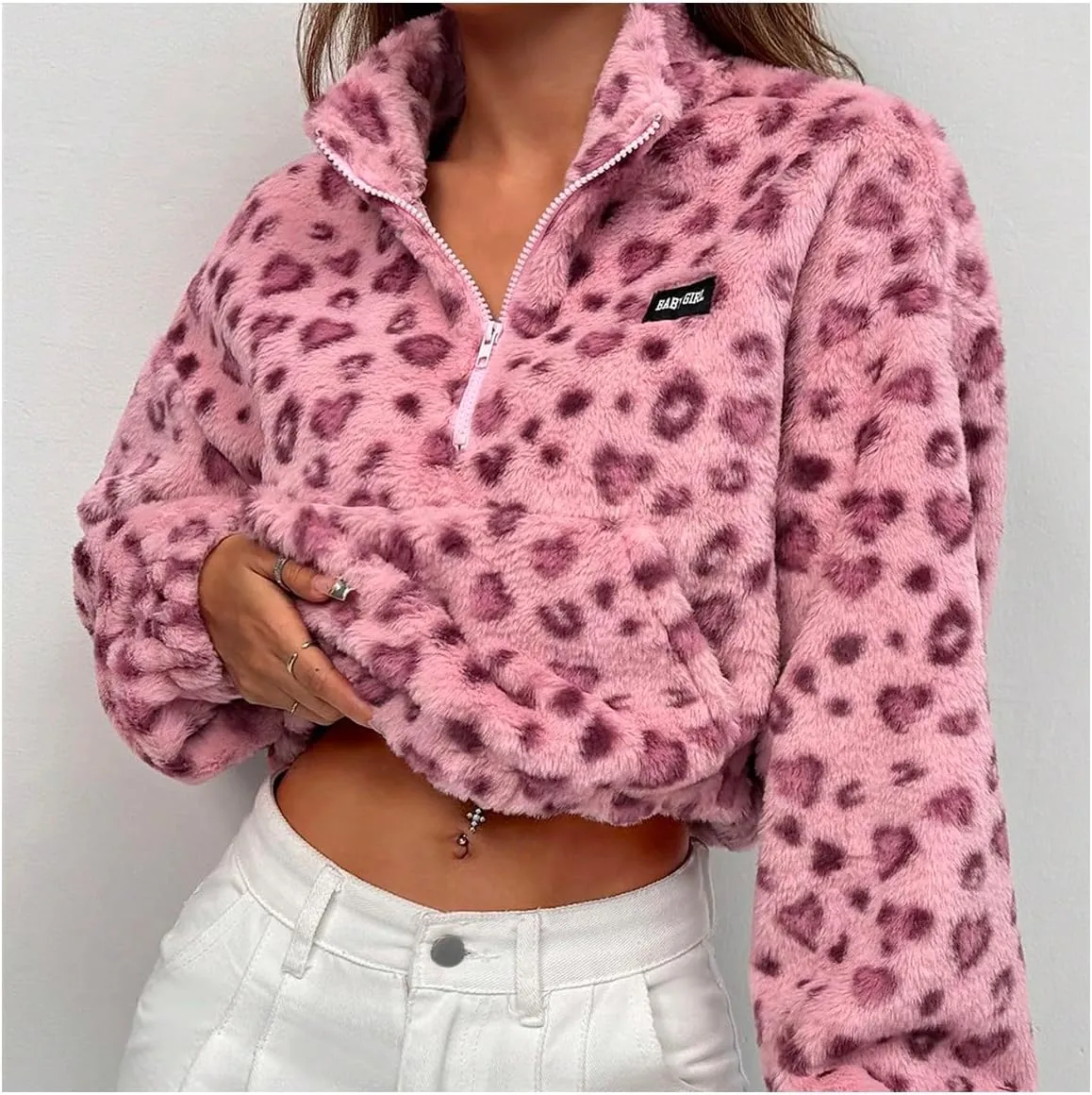 Women's Leopard Graphic Y2K Sweatshirt Fleece Half Zip Long Sleeve Pullover Tops with Pocket