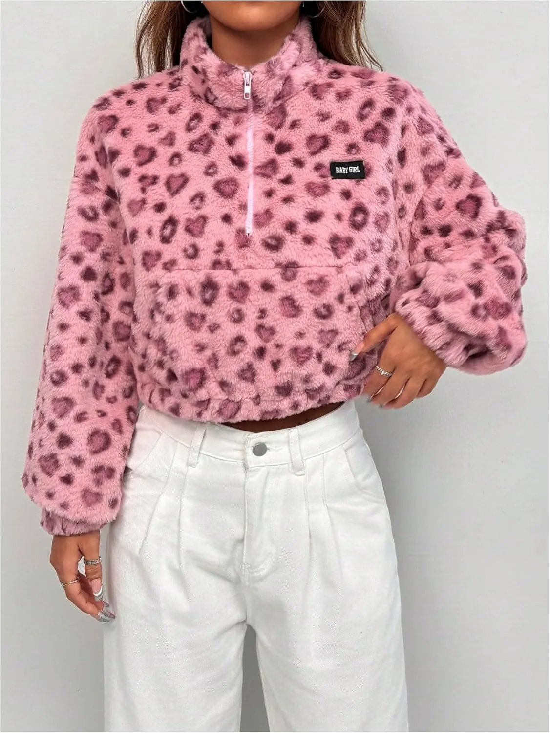 Women's Leopard Graphic Y2K Sweatshirt Fleece Half Zip Long Sleeve Pullover Tops with Pocket