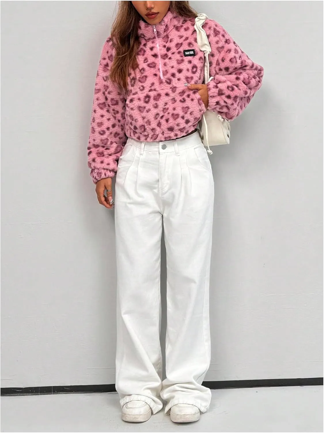 Women's Leopard Graphic Y2K Sweatshirt Fleece Half Zip Long Sleeve Pullover Tops with Pocket