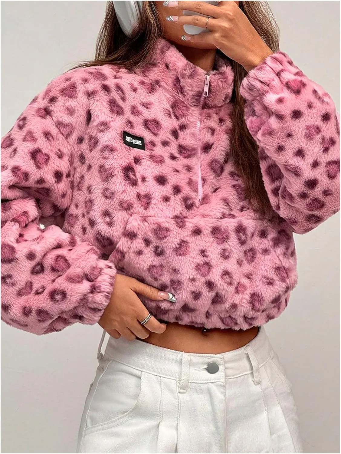 Women's Leopard Graphic Y2K Sweatshirt Fleece Half Zip Long Sleeve Pullover Tops with Pocket