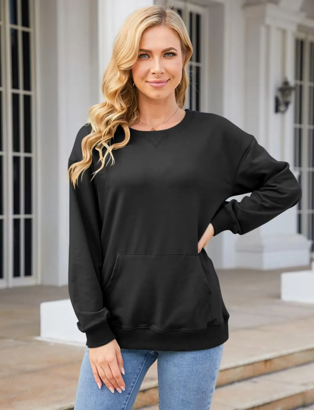 Womens Long Sleeve Sweatshirts Casual Crewneck Cute Pullover Tops Lightweight Sweatshirt with Pocket 2025