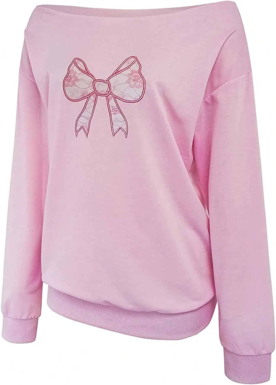 Women's Off Shoulder Graphic Cute Sweatshirts Long Sleeve Asymmetrical Loose Fall Pullover Tops