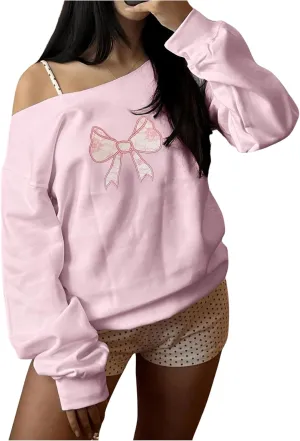 Women's Off Shoulder Graphic Cute Sweatshirts Long Sleeve Asymmetrical Loose Fall Pullover Tops