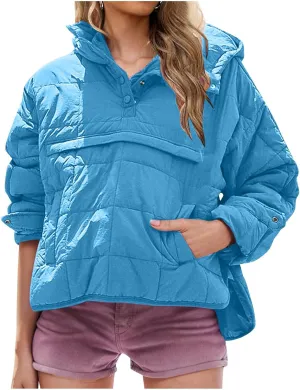 Women's Quilted Warm Puffer Jacket Winter Packable Pullover Down Coat Oversized Hoodie Lightweight Long Sleeve Outwear