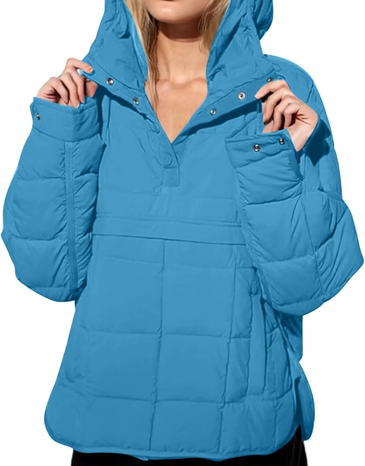 Women's Quilted Warm Puffer Jacket Winter Packable Pullover Down Coat Oversized Hoodie Lightweight Long Sleeve Outwear
