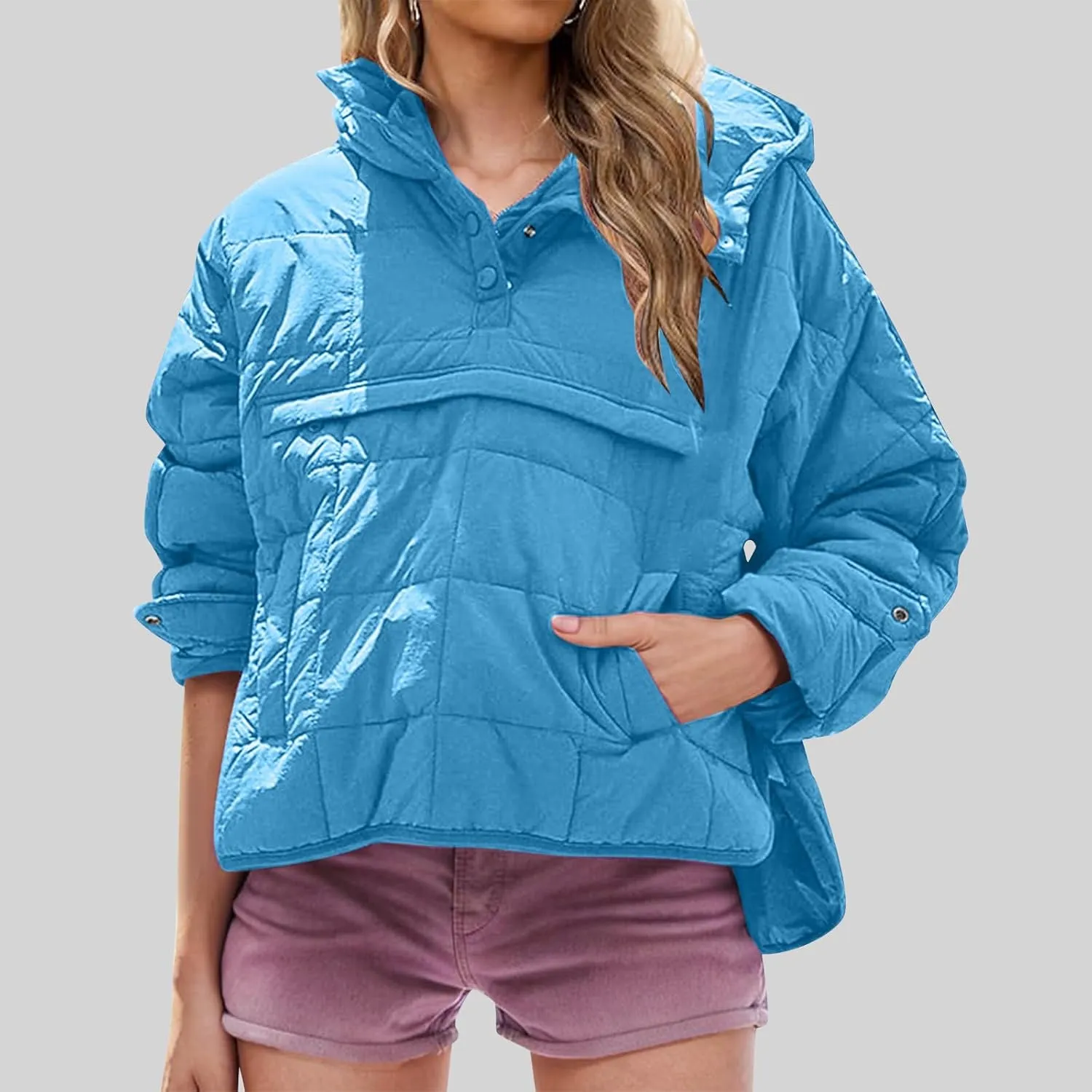 Women's Quilted Warm Puffer Jacket Winter Packable Pullover Down Coat Oversized Hoodie Lightweight Long Sleeve Outwear
