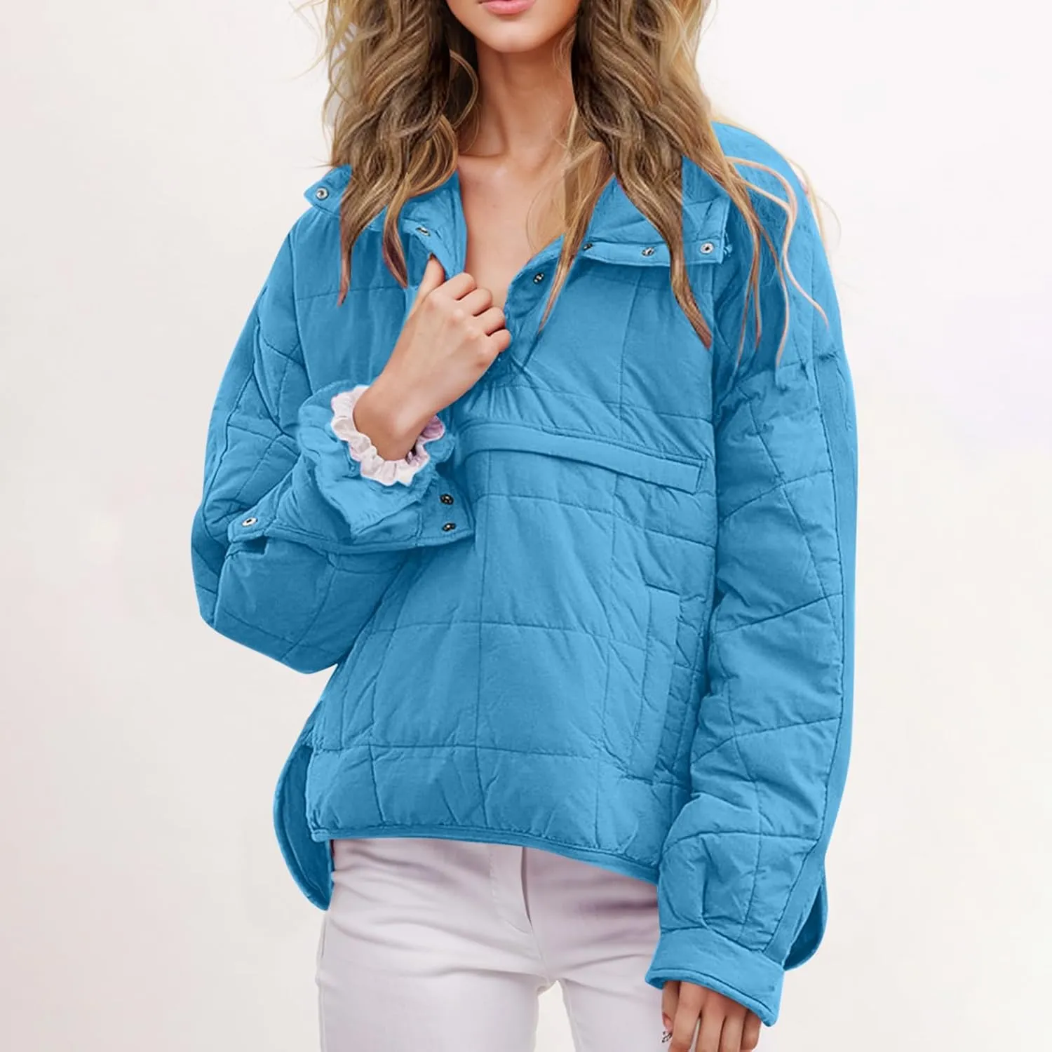 Women's Quilted Warm Puffer Jacket Winter Packable Pullover Down Coat Oversized Hoodie Lightweight Long Sleeve Outwear