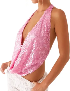 Womens Sequin Top Sleeveless Halter Rhinestone Pearl Floral Camisole Party Club Sparkly Tops Bling Glitter Tank