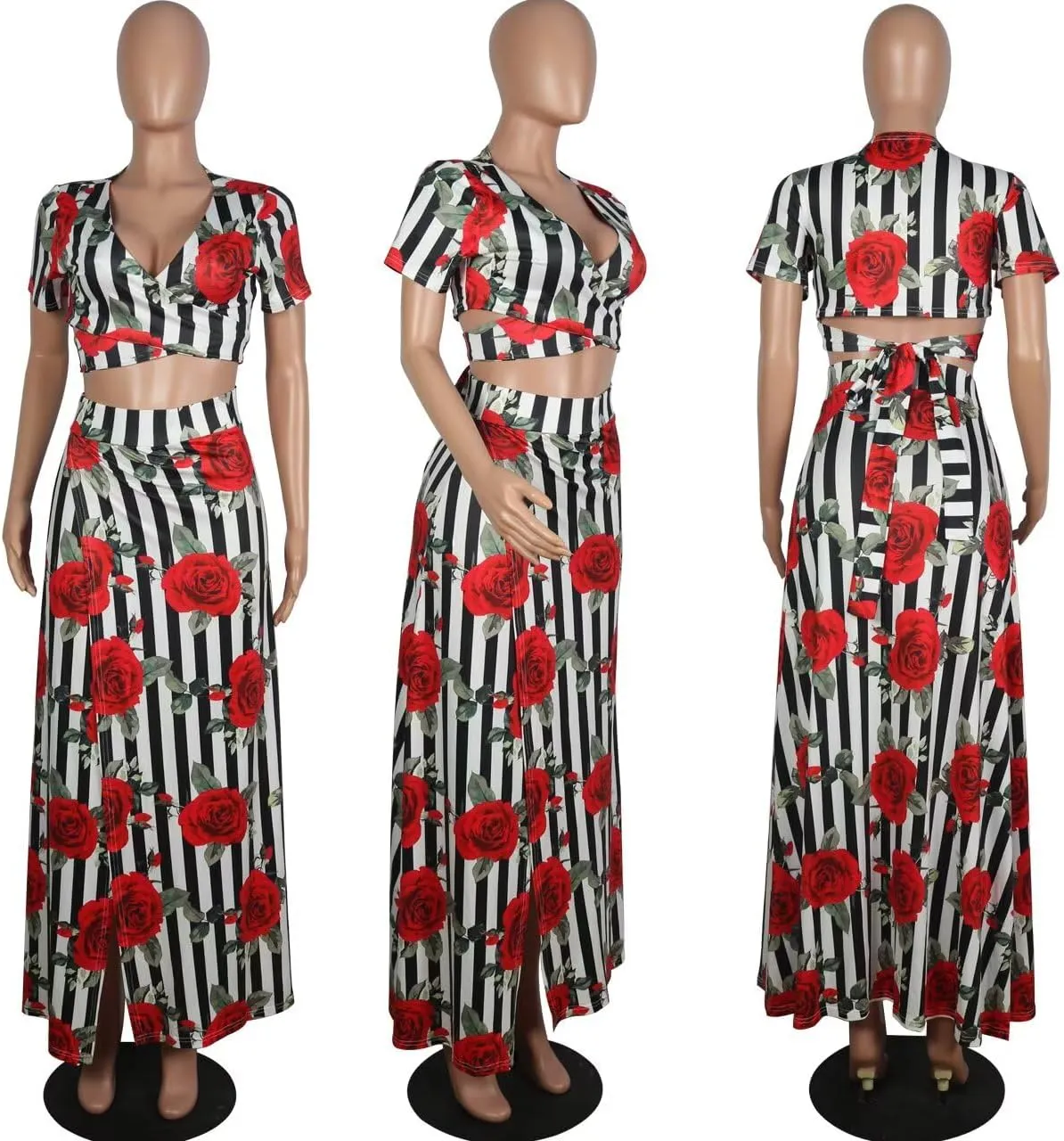 Womens Sexy 2 Piece Outfits Floral Print V Neck Crop Top and High Split Maxi Skirt Sets