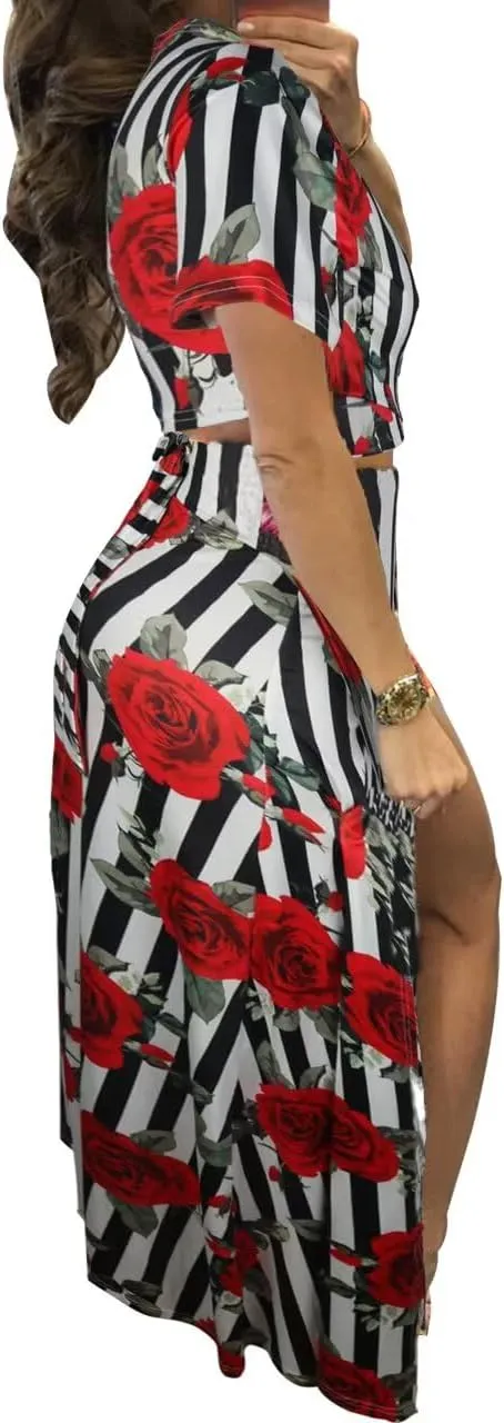 Womens Sexy 2 Piece Outfits Floral Print V Neck Crop Top and High Split Maxi Skirt Sets