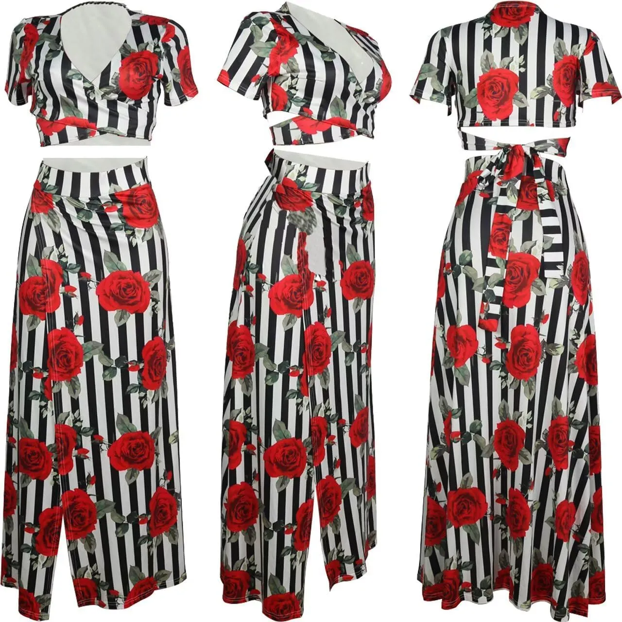 Womens Sexy 2 Piece Outfits Floral Print V Neck Crop Top and High Split Maxi Skirt Sets