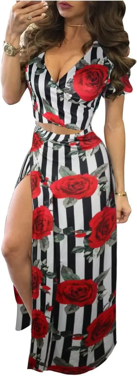 Womens Sexy 2 Piece Outfits Floral Print V Neck Crop Top and High Split Maxi Skirt Sets
