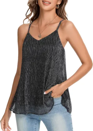Women's Sparkly Camisole Tops Glitter Sexy V Neck Spaghetti Strap Tank Cami Shirt