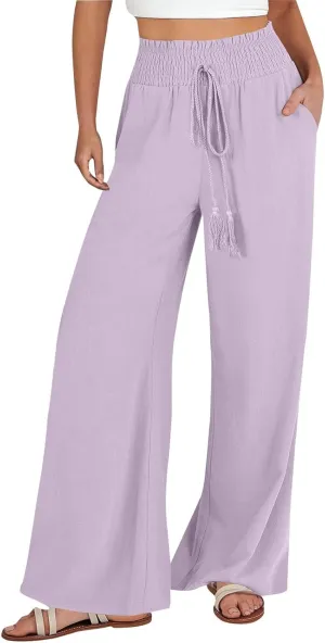 Women's Trendy Wide Leg Pants Adjustable Drawstring Elastic Waist Flowy Comfy Palazzo Pants Linen Vacation Lounge Trousers