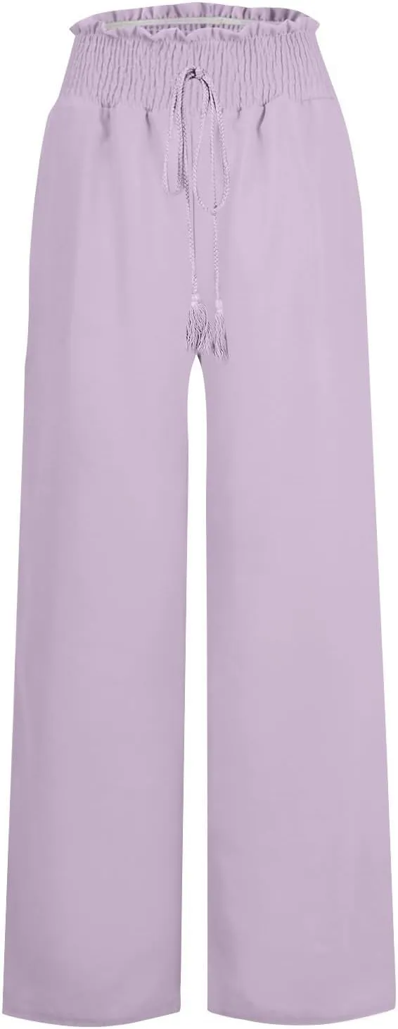 Women's Trendy Wide Leg Pants Adjustable Drawstring Elastic Waist Flowy Comfy Palazzo Pants Linen Vacation Lounge Trousers