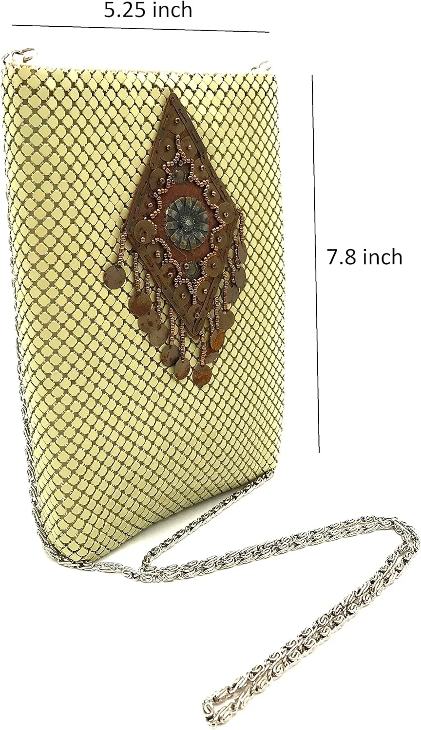 Women's Vintage Cell Phone Bag Metal Mesh Evening Clutch Purse Cross-Body Shoulder Strap for Party or Daily Use