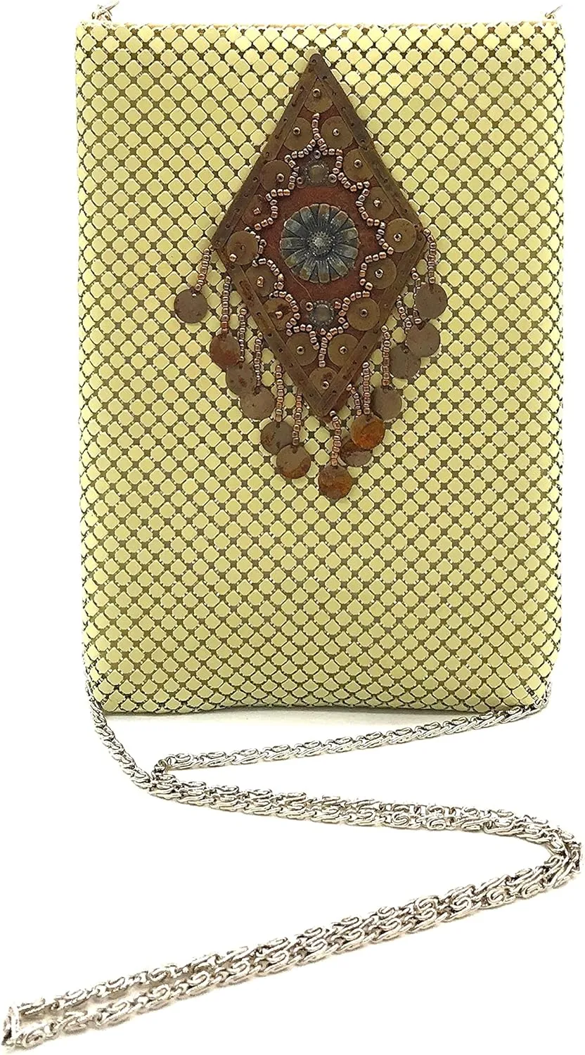 Women's Vintage Cell Phone Bag Metal Mesh Evening Clutch Purse Cross-Body Shoulder Strap for Party or Daily Use