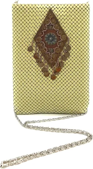 Women's Vintage Cell Phone Bag Metal Mesh Evening Clutch Purse Cross-Body Shoulder Strap for Party or Daily Use