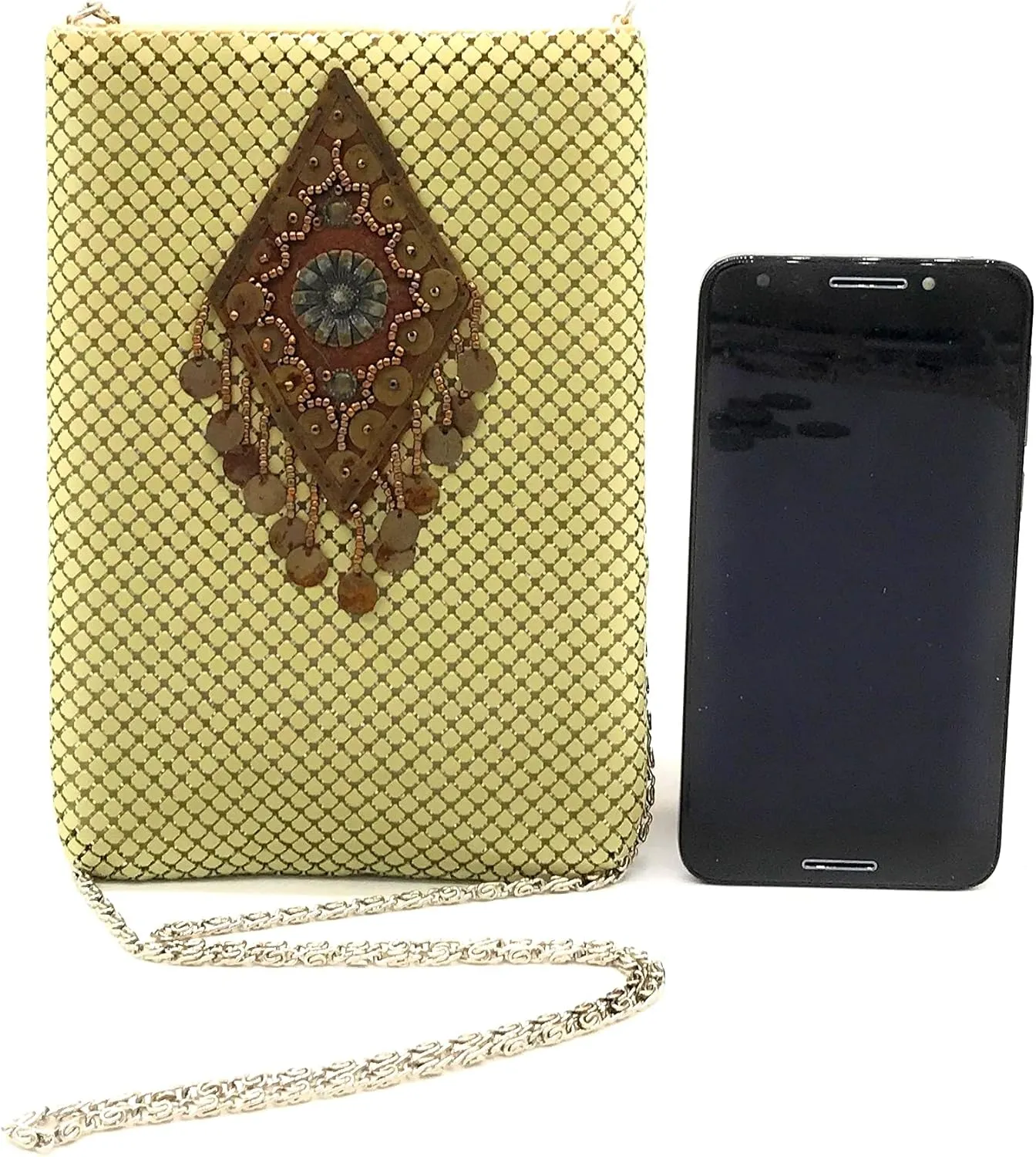 Women's Vintage Cell Phone Bag Metal Mesh Evening Clutch Purse Cross-Body Shoulder Strap for Party or Daily Use