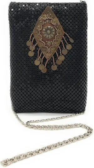 Women's Vintage Cell Phone Bag Metal Mesh Evening Clutch Purse Cross-Body Shoulder Strap for Party or Daily Use
