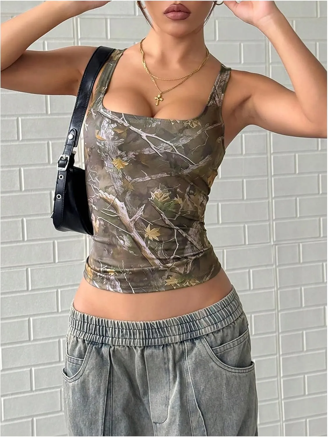 Women's Y2k Camo Print Tank Top Square Neck Sleeveless Slim Fitted Crop Tops