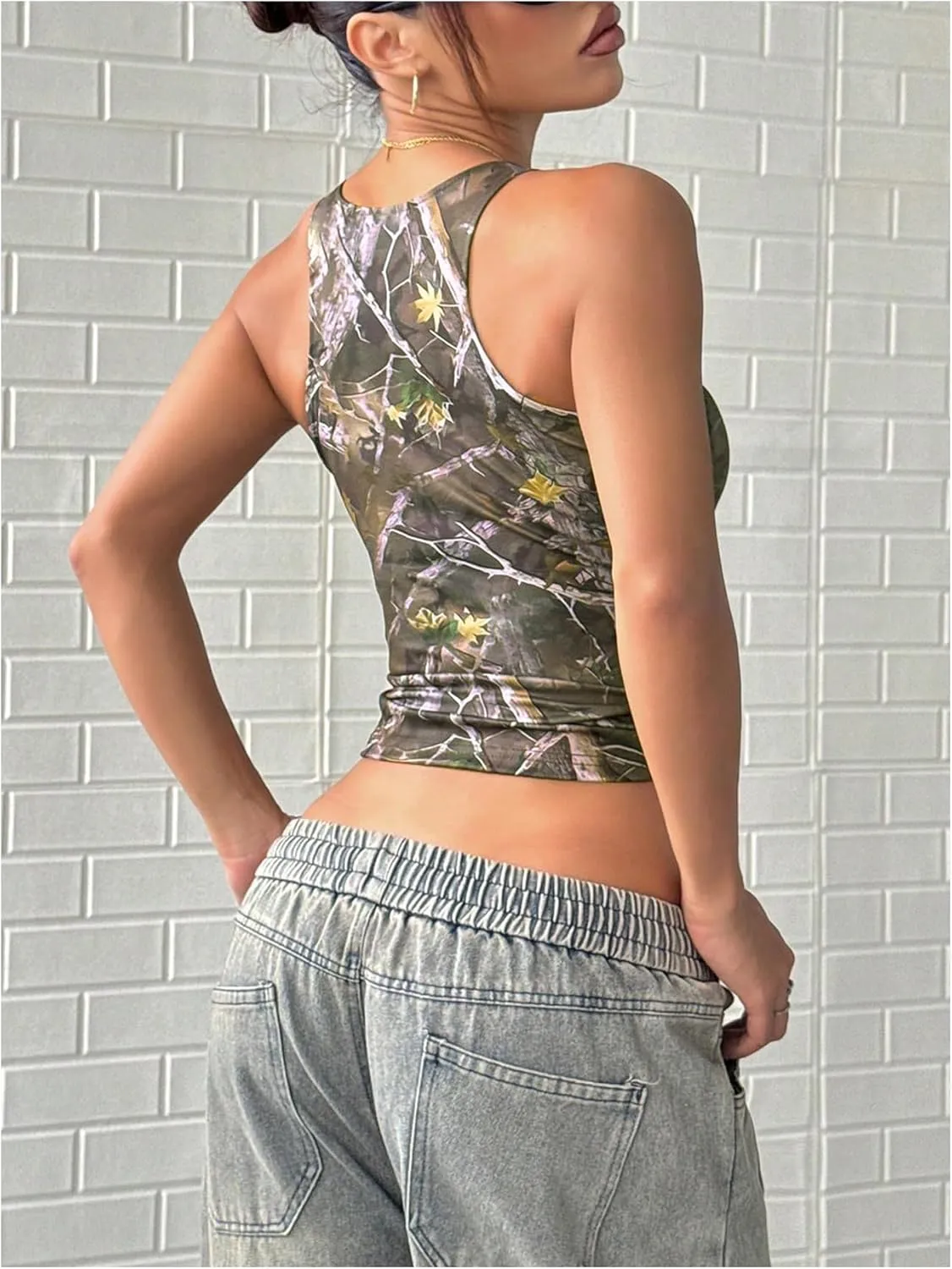 Women's Y2k Camo Print Tank Top Square Neck Sleeveless Slim Fitted Crop Tops