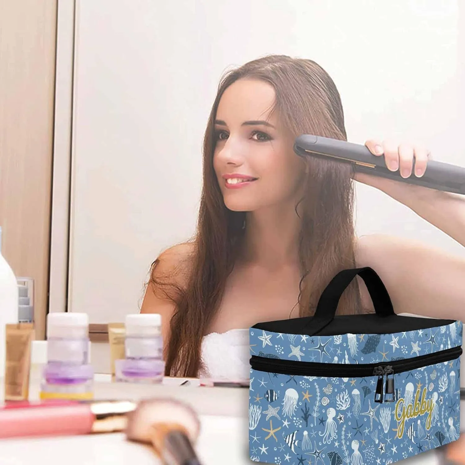 YESCUSTOM Personalized Makeup Bag Cosmetic Bag for Women Cosmetic Travel Makeup Bag, Beach Starfish Large Travel Toiletry Bag for Girls Make Up Bag Brush Bags Reusable Toiletry Bag