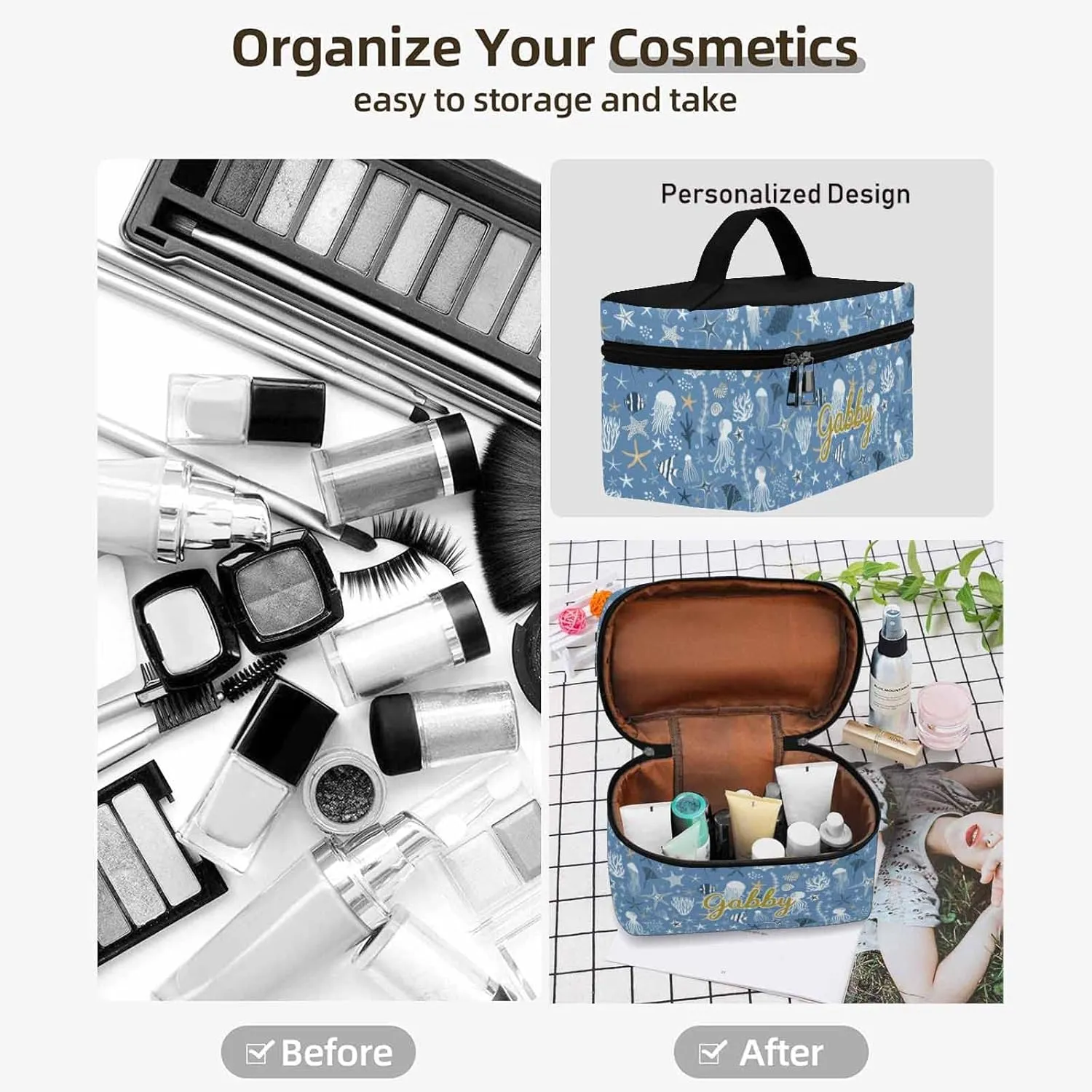 YESCUSTOM Personalized Makeup Bag Cosmetic Bag for Women Cosmetic Travel Makeup Bag, Beach Starfish Large Travel Toiletry Bag for Girls Make Up Bag Brush Bags Reusable Toiletry Bag