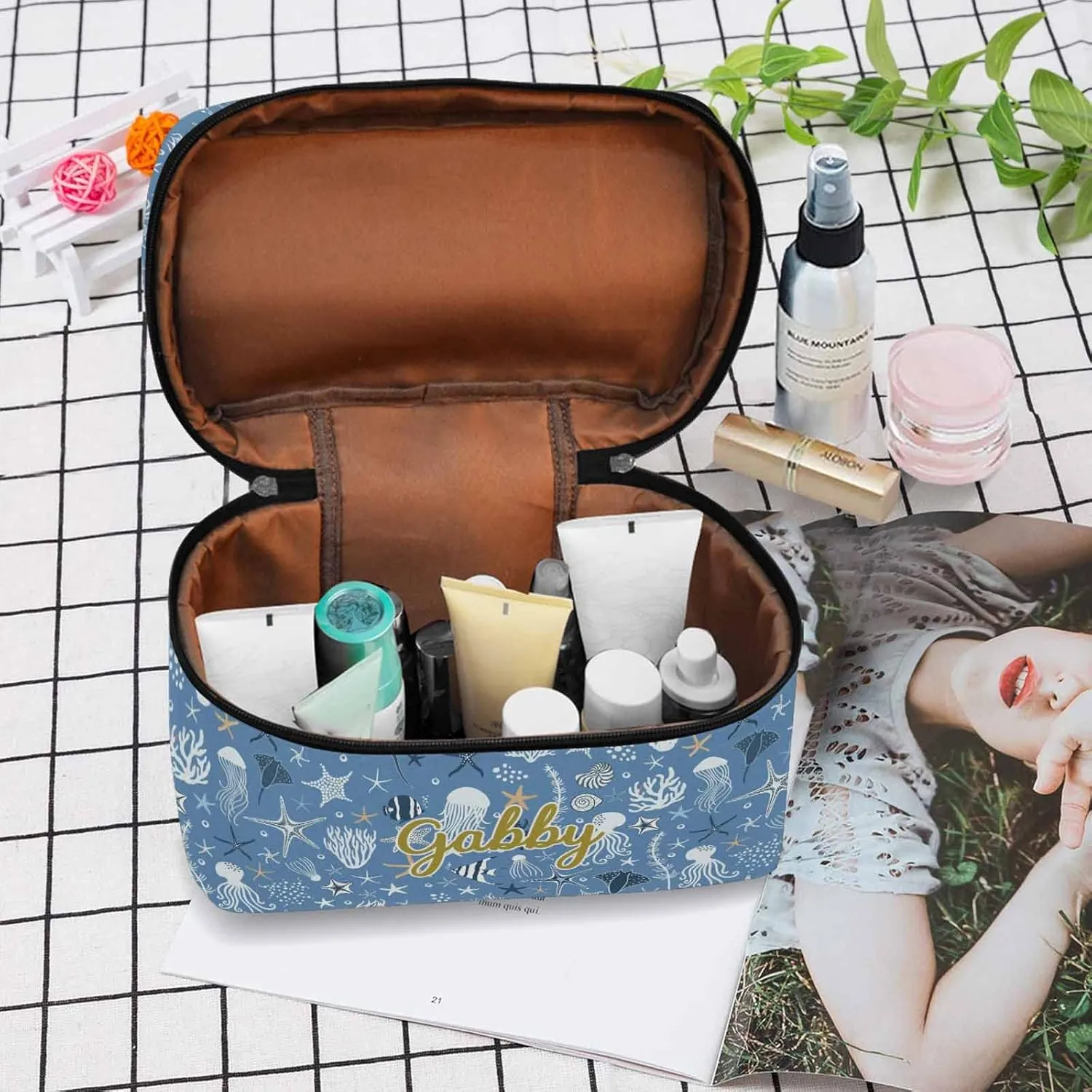 YESCUSTOM Personalized Makeup Bag Cosmetic Bag for Women Cosmetic Travel Makeup Bag, Beach Starfish Large Travel Toiletry Bag for Girls Make Up Bag Brush Bags Reusable Toiletry Bag