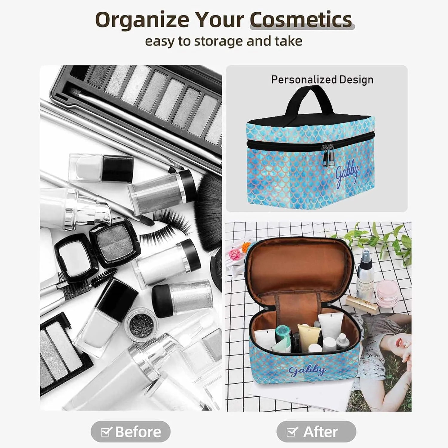 YESCUSTOM Personalized Makeup Bag Cosmetic Bag for Women Cosmetic Travel Makeup Bag, Blue Mermaid Large Travel Toiletry Bag for Girls Make Up Bag Brush Bags Reusable Toiletry Bag