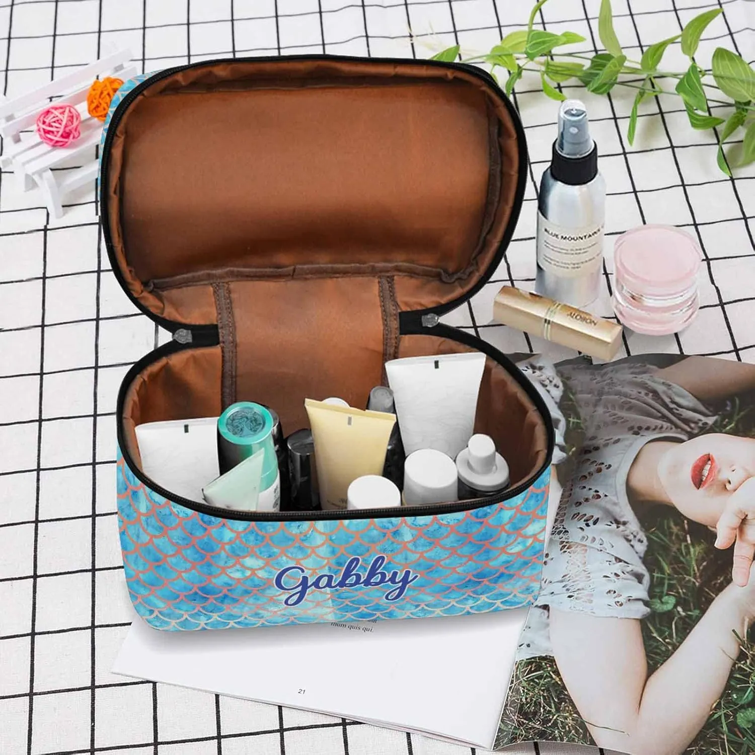 YESCUSTOM Personalized Makeup Bag Cosmetic Bag for Women Cosmetic Travel Makeup Bag, Blue Mermaid Large Travel Toiletry Bag for Girls Make Up Bag Brush Bags Reusable Toiletry Bag