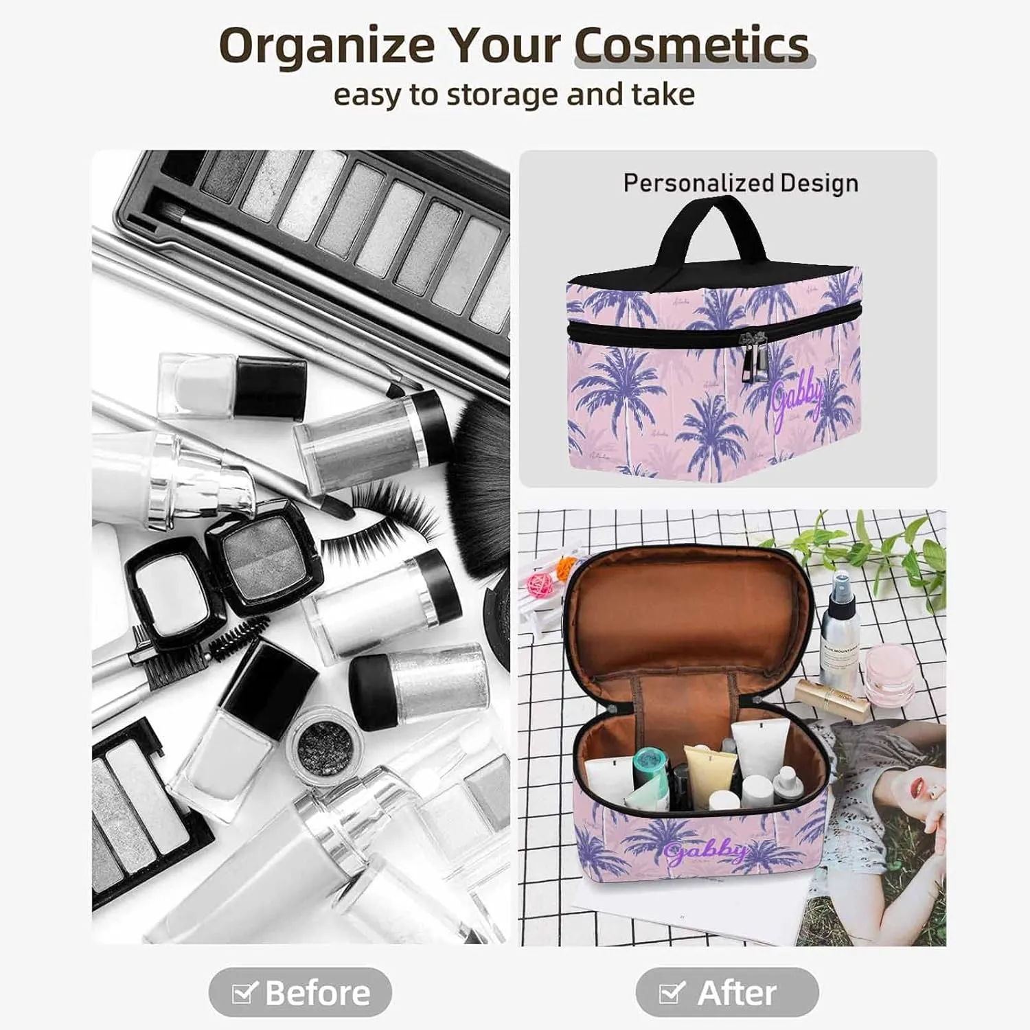 YESCUSTOM Personalized Makeup Bag Cosmetic Bag for Women Cosmetic Travel Makeup Bag, Large Travel Toiletry Bag for Girls Make Up Bag Brush Bags Reusable Toiletry Bag