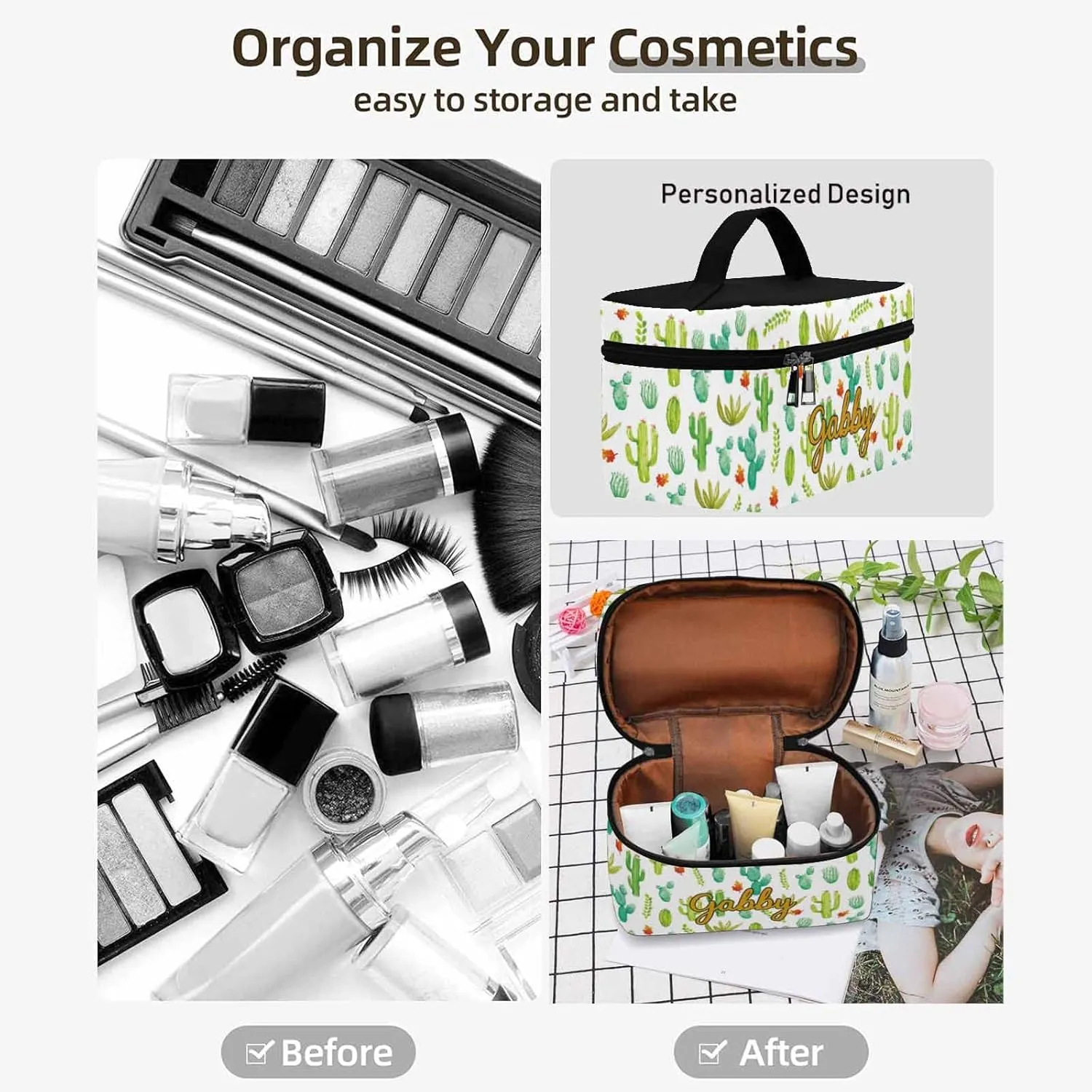 YESCUSTOM Personalized Makeup Bag Cosmetic Bag for Women Cosmetic Travel Makeup Bag, Large Travel Toiletry Bag for Girls Make Up Bag Brush Bags Reusable Toiletry Bag