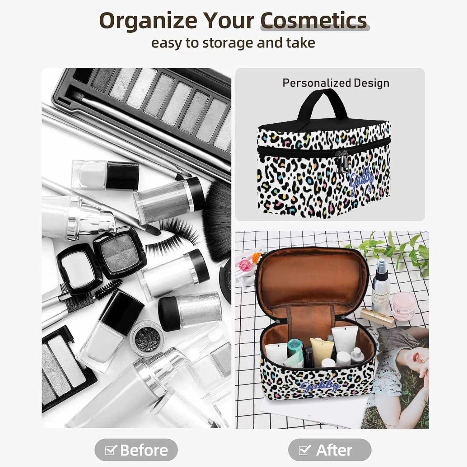 YESCUSTOM Personalized Makeup Bag Cosmetic Bag for Women Cosmetic Travel Makeup Bag, Leopard Large Travel Toiletry Bag for Girls Make Up Bag Brush Bags Reusable Toiletry Bag