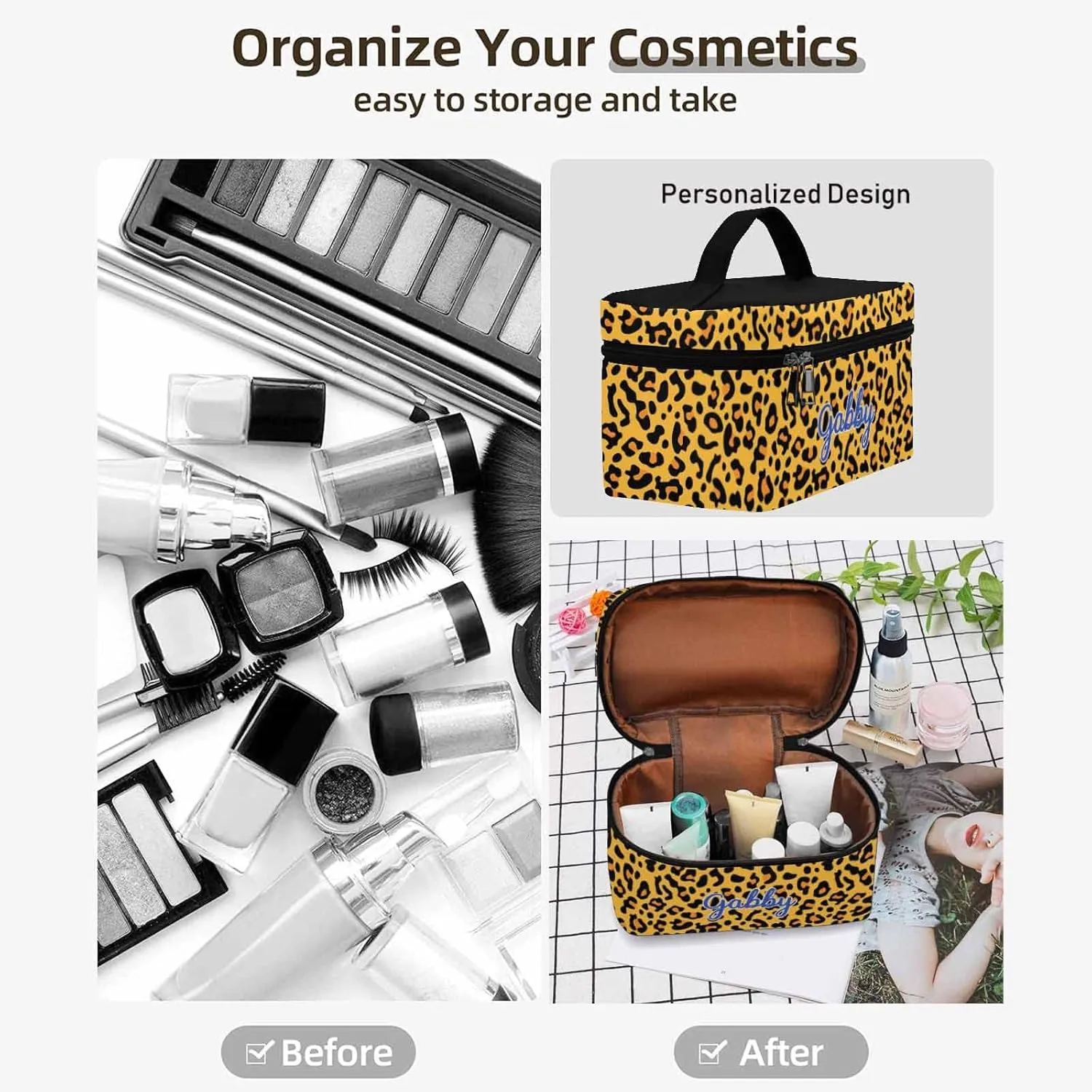 YESCUSTOM Personalized Makeup Bag Cosmetic Bag for Women Cosmetic Travel Makeup Bag, Leopard Large Travel Toiletry Bag for Girls Make Up Bag Brush Bags Reusable Toiletry Bag