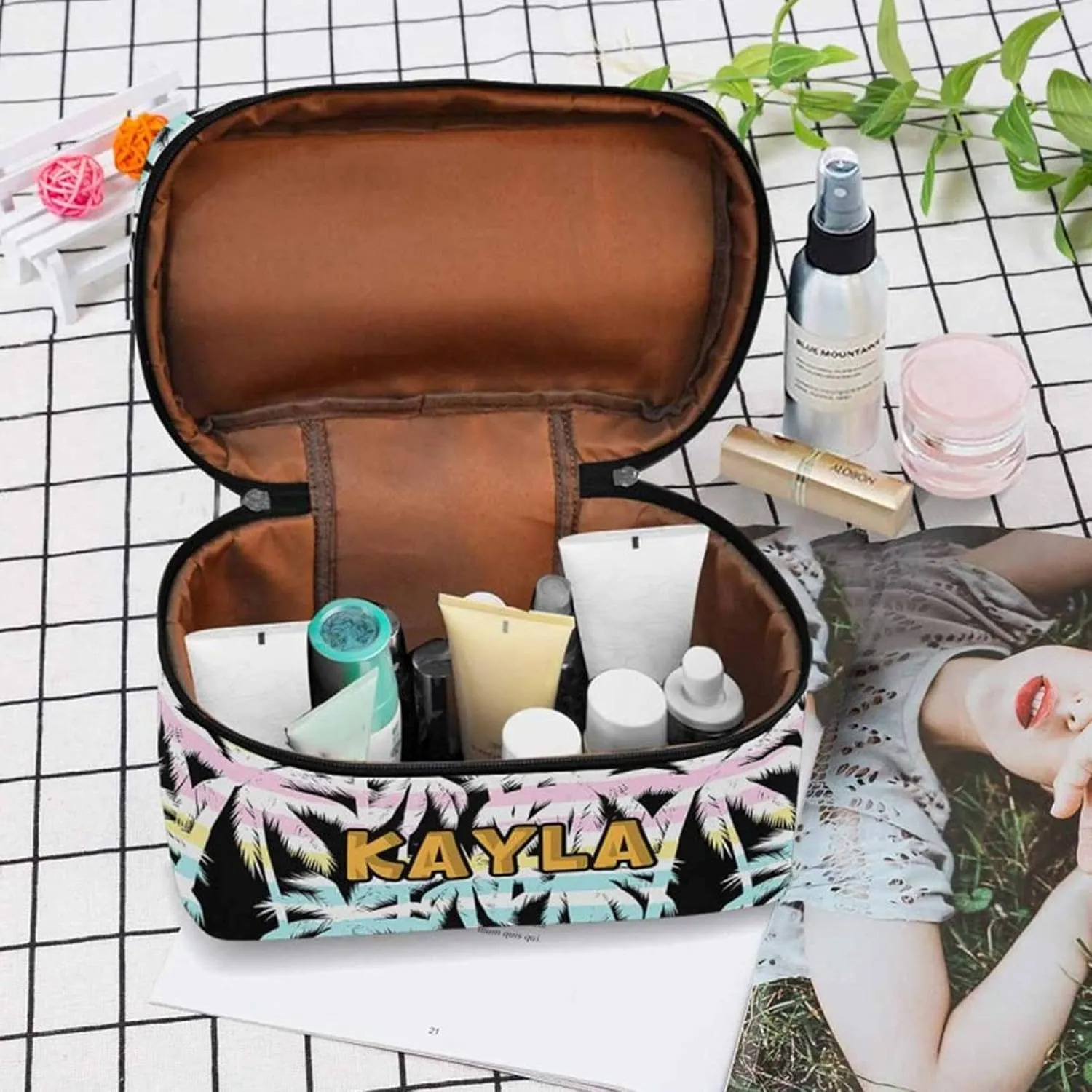 YESCUSTOM Personalized Makeup Bag Large Travel Cosmetic Bags for Girls Women Kids, Coconut Tree Waterproof Make up Organizer Case Toiletry Bag